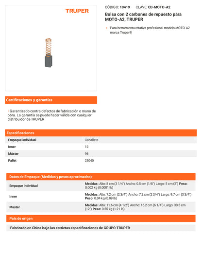 Ficha tecnica - 2 carbones para MOTO-A2 - SKU 18419