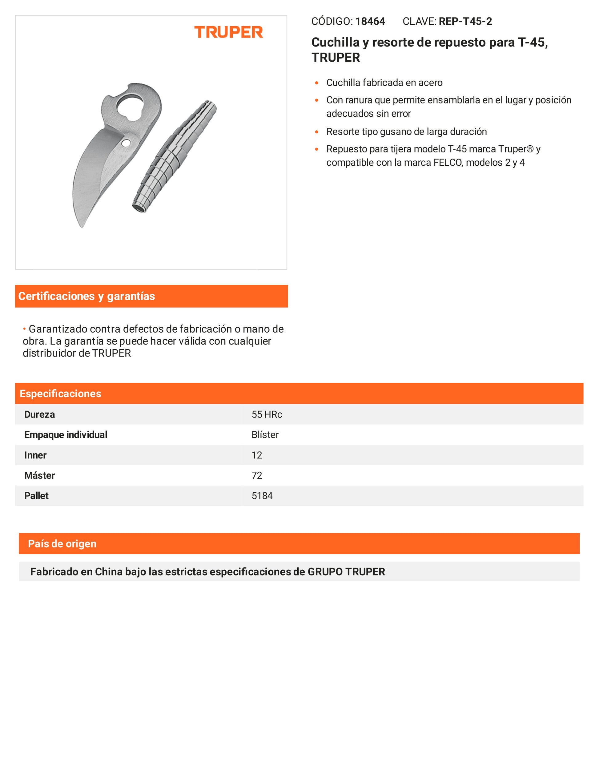 Ficha tecnica - Cuchilla y resorte para T-45 - SKU 18464