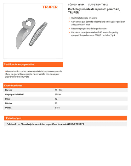 Ficha tecnica - Cuchilla y resorte para T-45 - SKU 18464