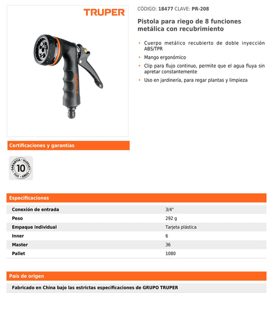 Pistola para riego de 8 funciones con recubrimiento metálico