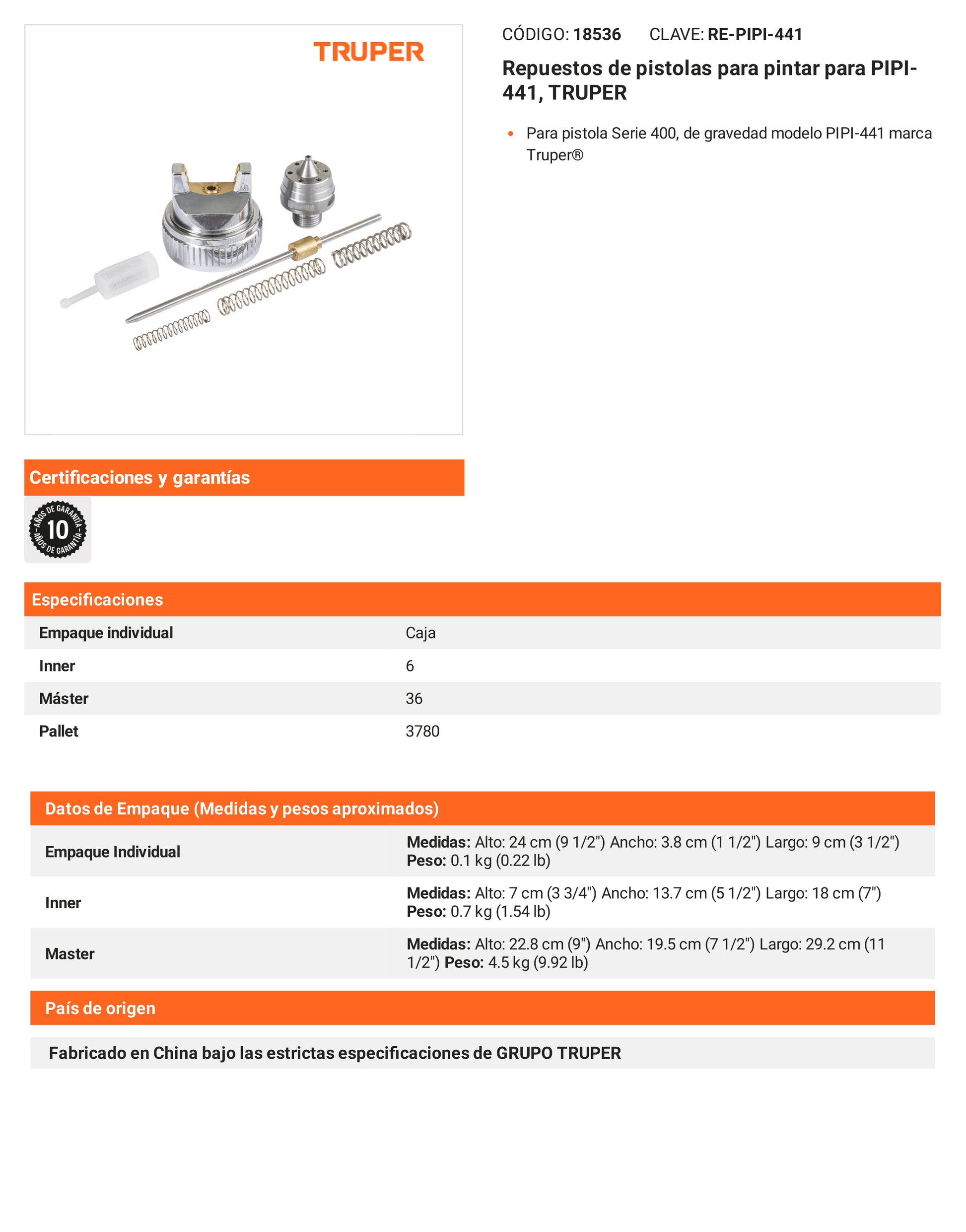 Ficha tecnica - Repuestos de pistolas para pintar para PIPI-441 - SKU 18536
