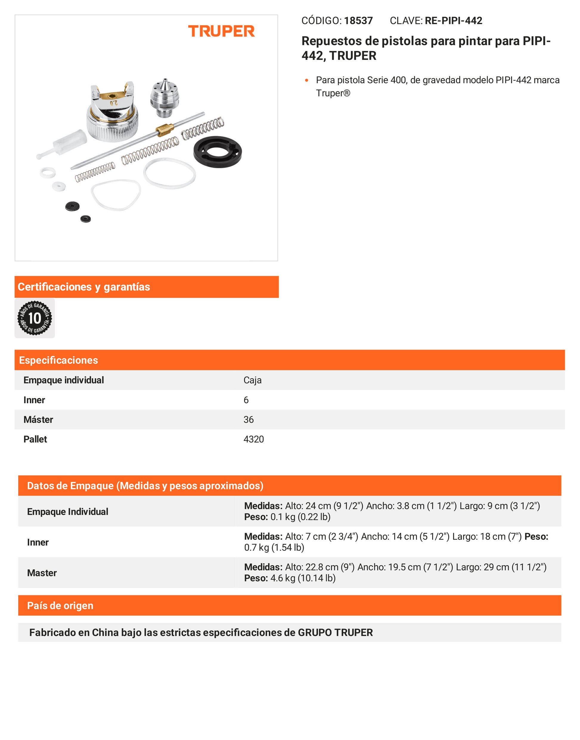 Ficha tecnica - Repuestos de pistolas para pintar para PIPI-442 - SKU 18537