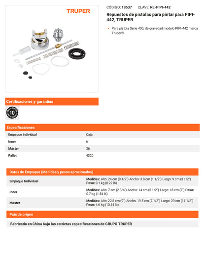 Ficha tecnica - Repuestos de pistolas para pintar para PIPI-442 - SKU 18537