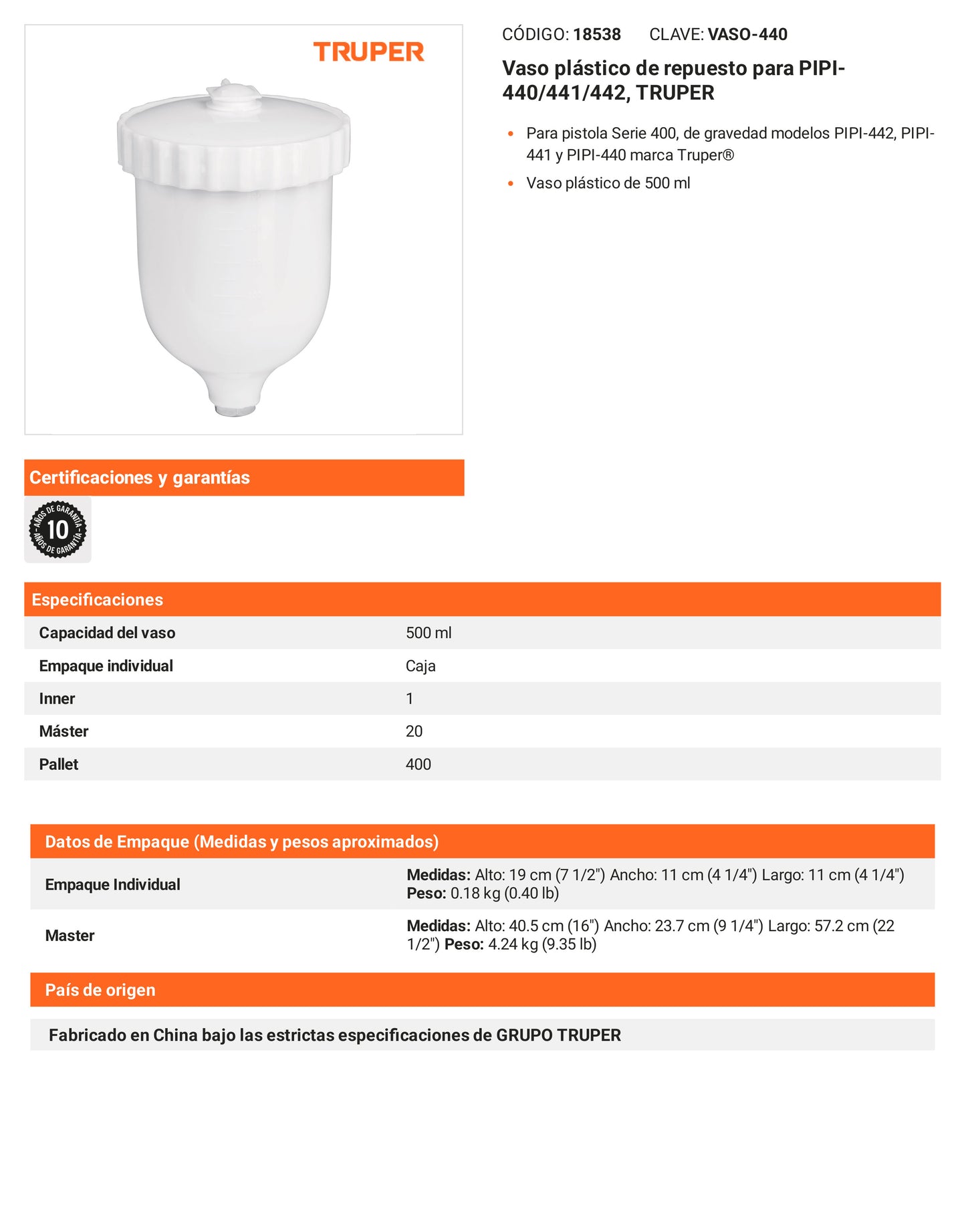Ficha tecnica - Vaso plastico para PIPI-440/441/442 - SKU 18538