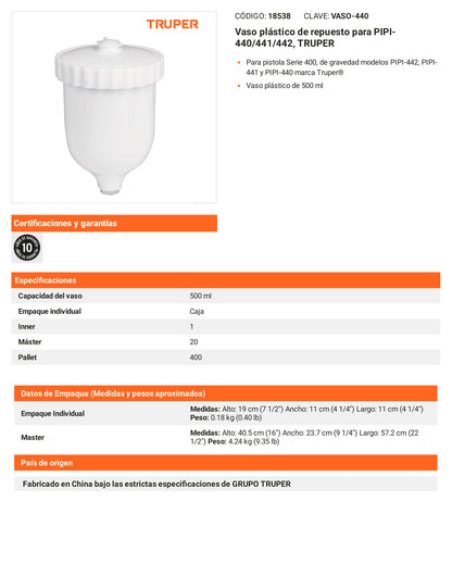 Ficha tecnica - Vaso plastico para PIPI-440/441/442 - SKU 18538