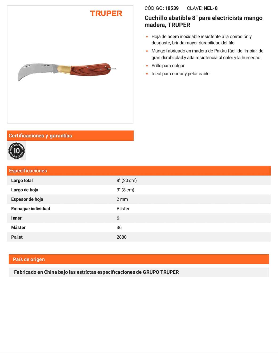 Cuchillo abatible 8 pulg para electricista