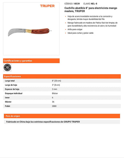 Cuchillo abatible 8 pulg para electricista