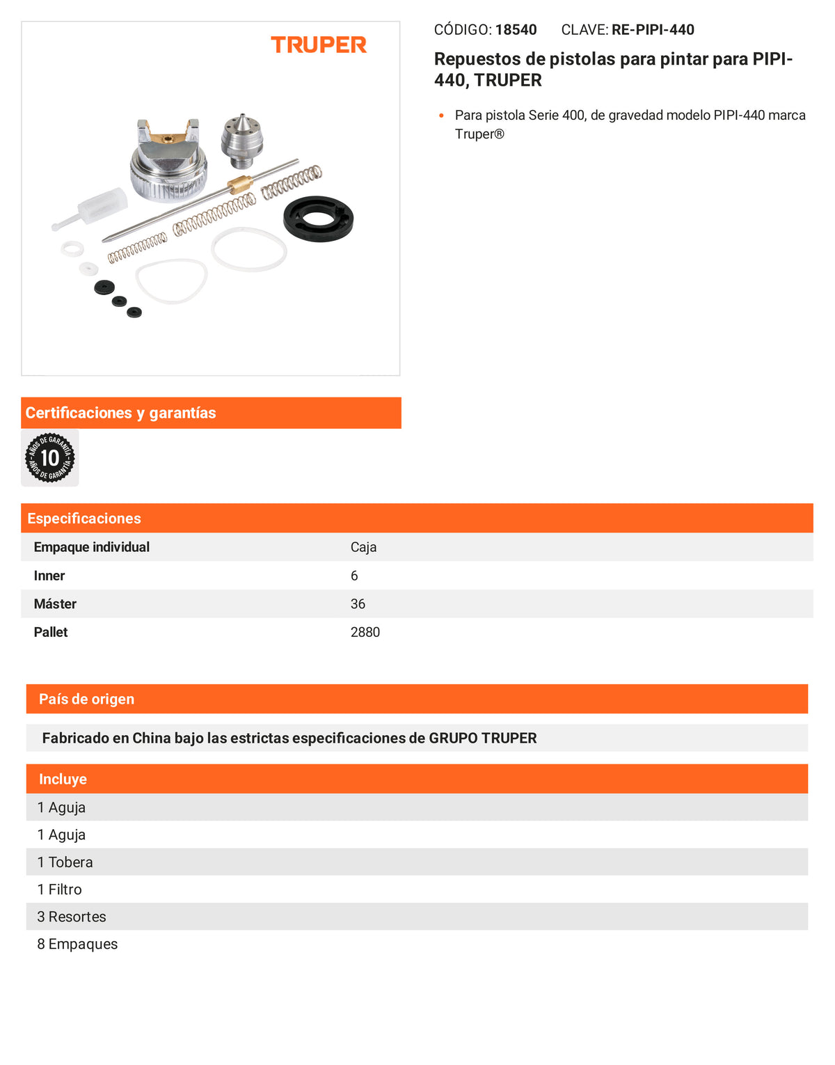 Ficha tecnica - Repuestos de pistolas para pintar para PIPI-440 - SKU 18540