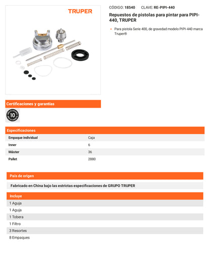 Ficha tecnica - Repuestos de pistolas para pintar para PIPI-440 - SKU 18540