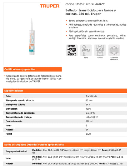 Sellador translúcido de 280ml para baños y cocinas
