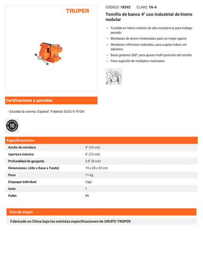 Ficha tecnica - Tornillo de banco 4 pulg uso industrial - SKU 18592