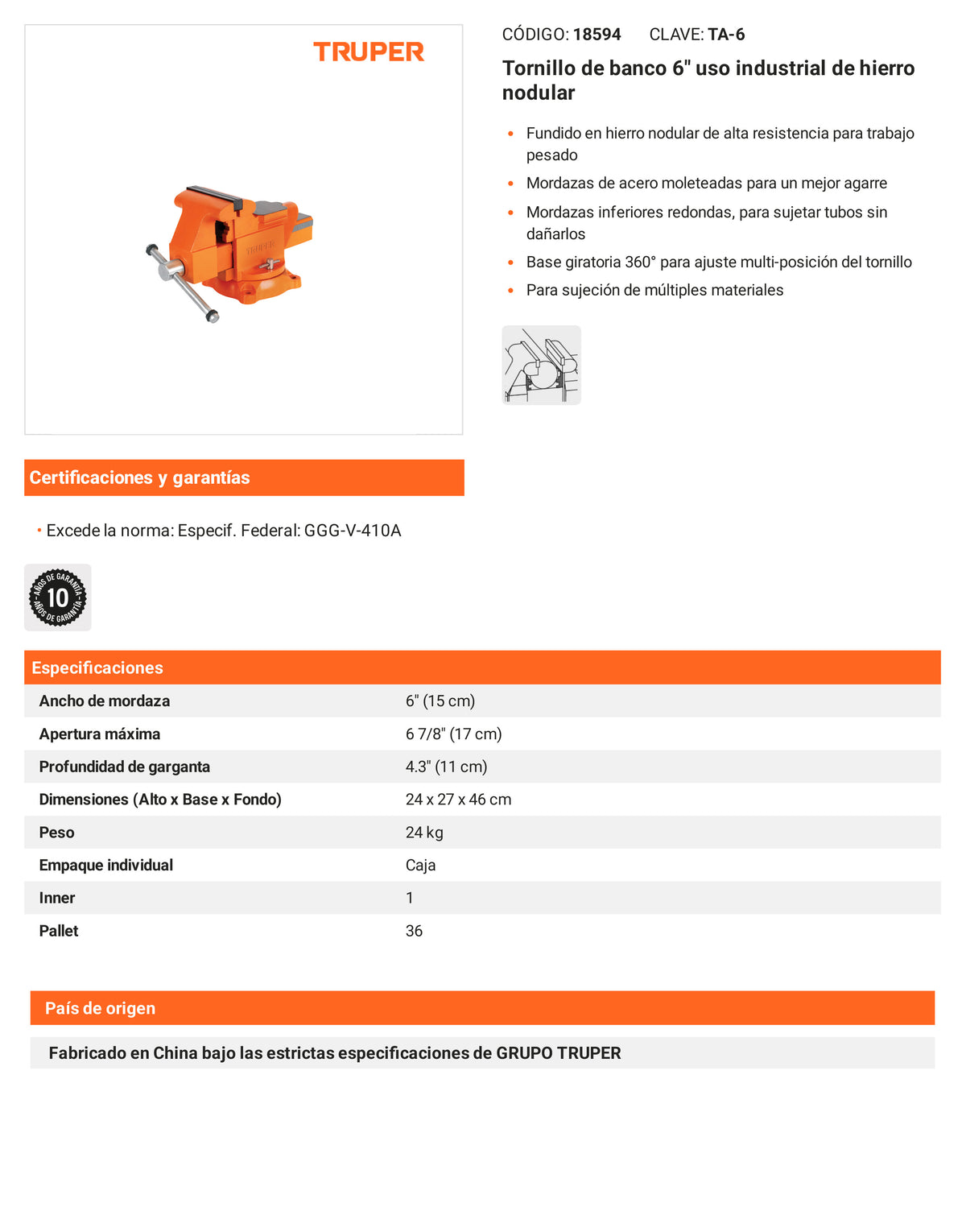 Ficha tecnica - Tornillo de banco 6 pulg uso industrial - SKU 18594