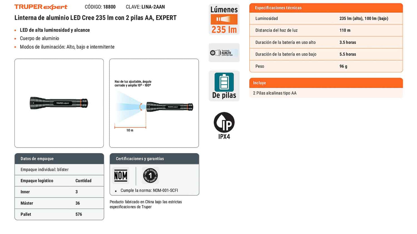 Linterna de aluminio LED Cree 235 lm