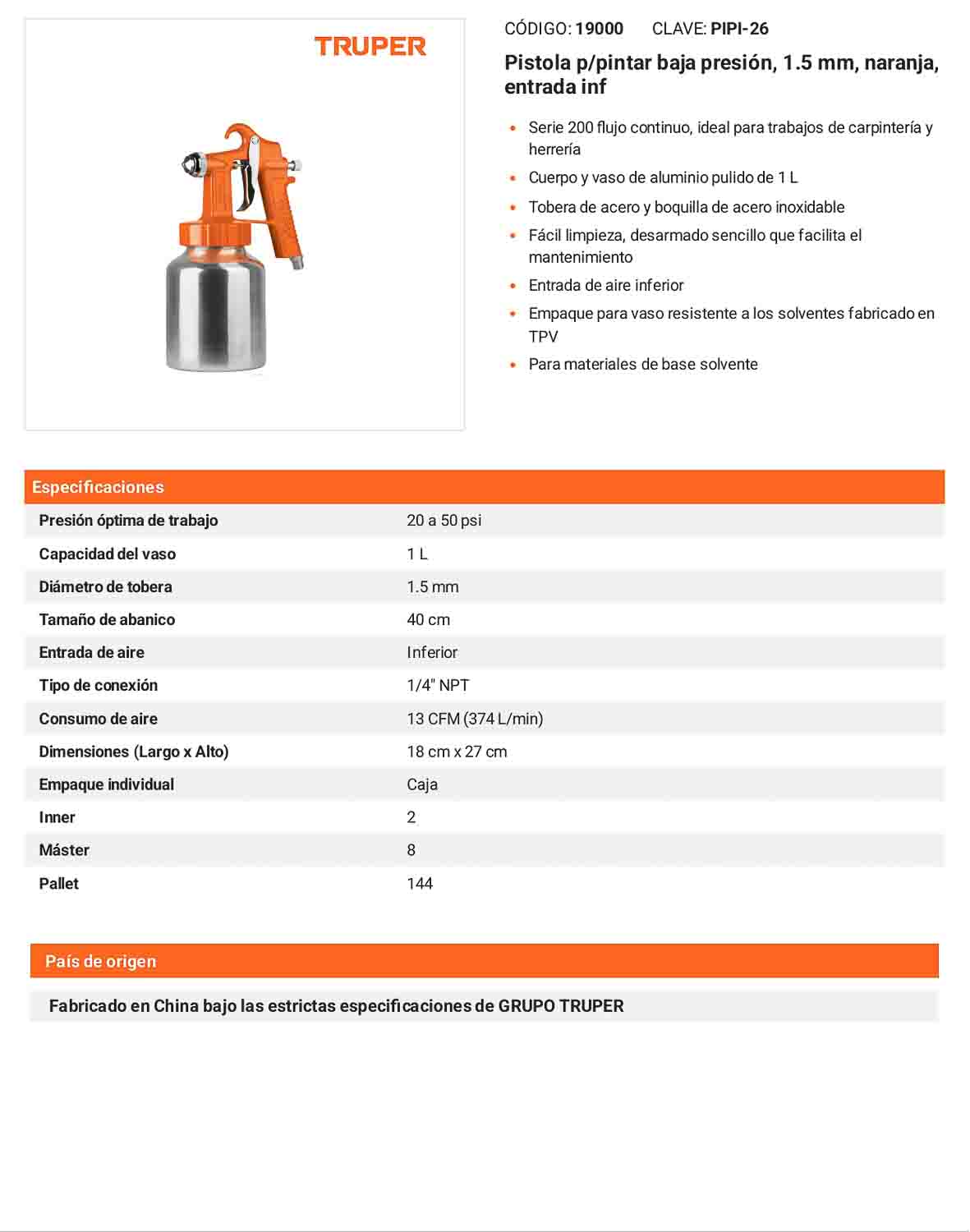 Pistola baja presión naranja entrada inferior