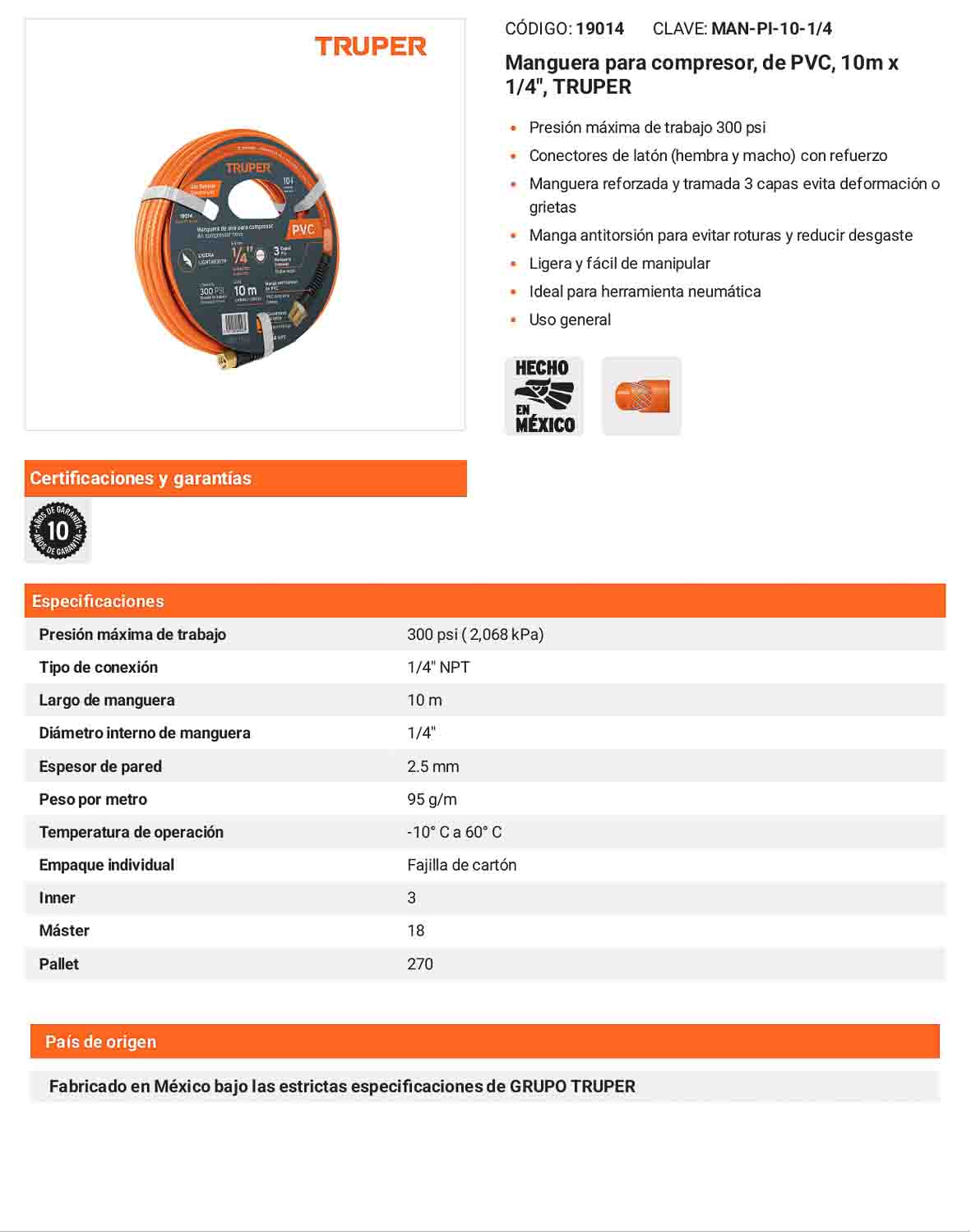 Manguera PVC compresor 10 m 1/4 pulg
