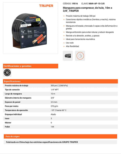 Manguera hule compresor 10 m 3/8 pulg