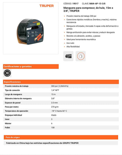 Manguera hule compresor 15 m 3/8 pulg
