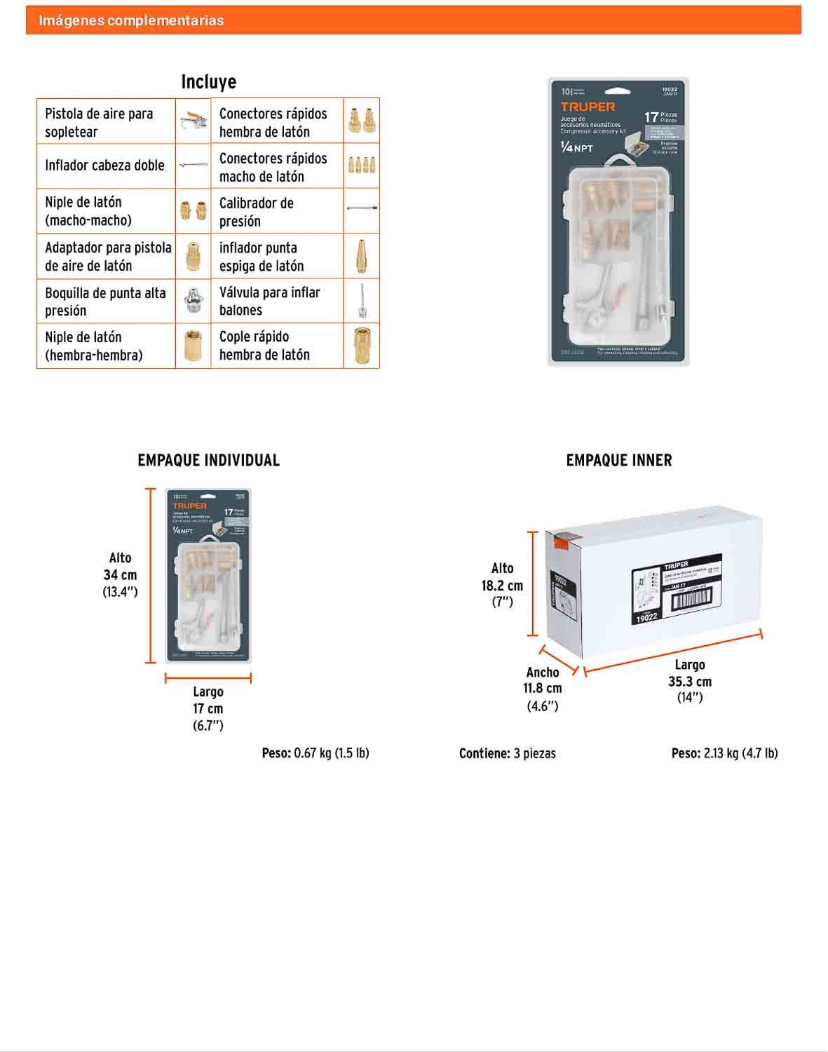 Juego 17 accesorios neumáticos 1/4 pulg