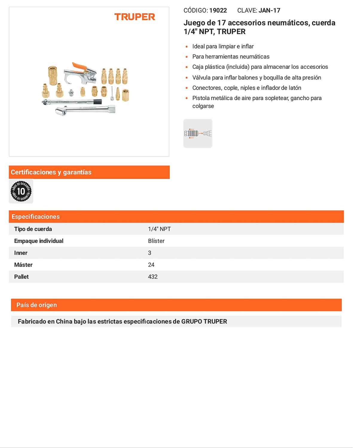 Juego 17 accesorios neumáticos 1/4 pulg