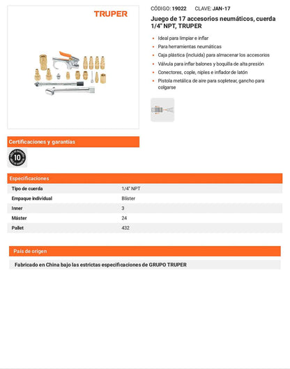 Juego 17 accesorios neumáticos 1/4 pulg