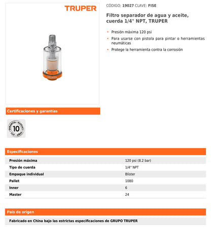 Filtro Separador de Agua y Aceite Cuerda 1/4 NPT
