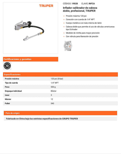 Inflador calibrador de cabeza doble profesional