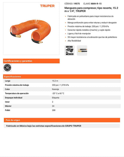Manguera resorte compresor 15.2 m