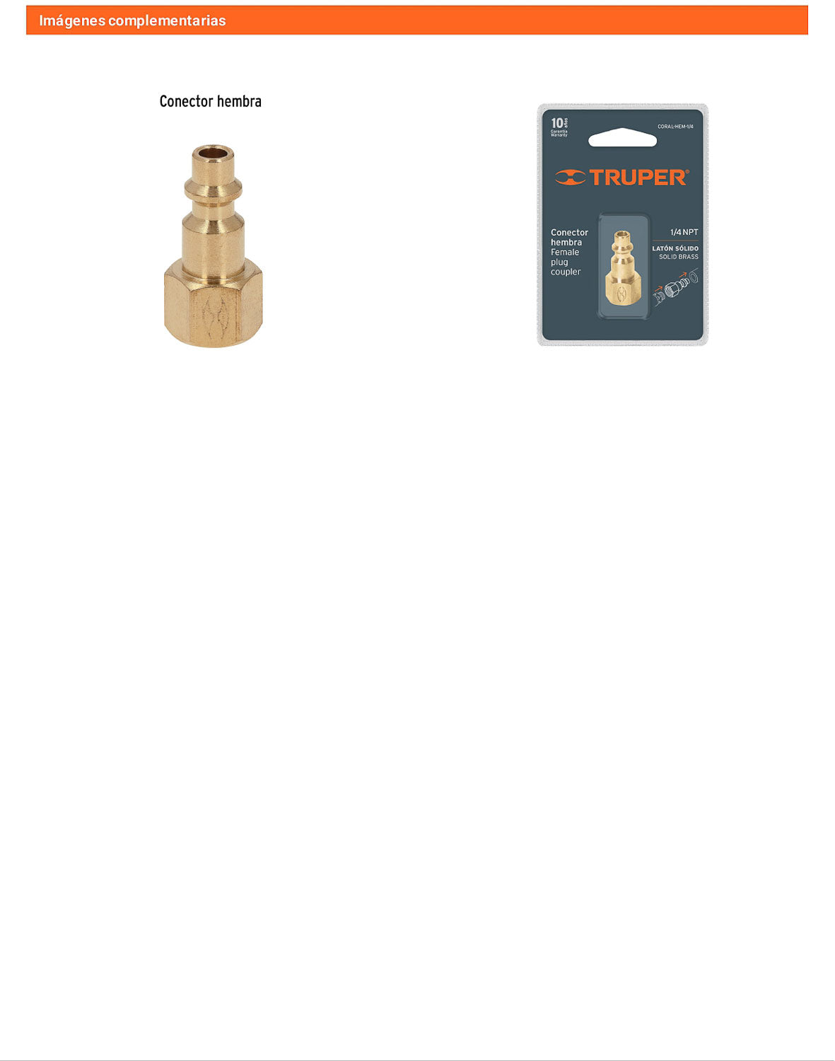 Conector rápido de latón hembra 1/4 pulg