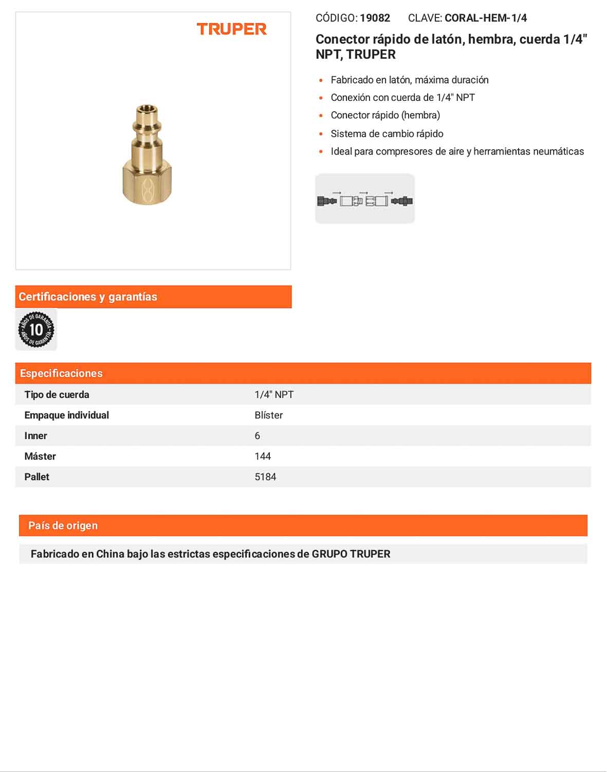 Conector rápido de latón hembra 1/4 pulg