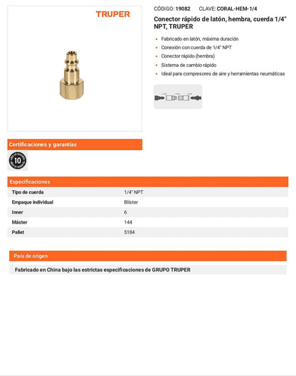 Conector rápido de latón hembra 1/4 pulg