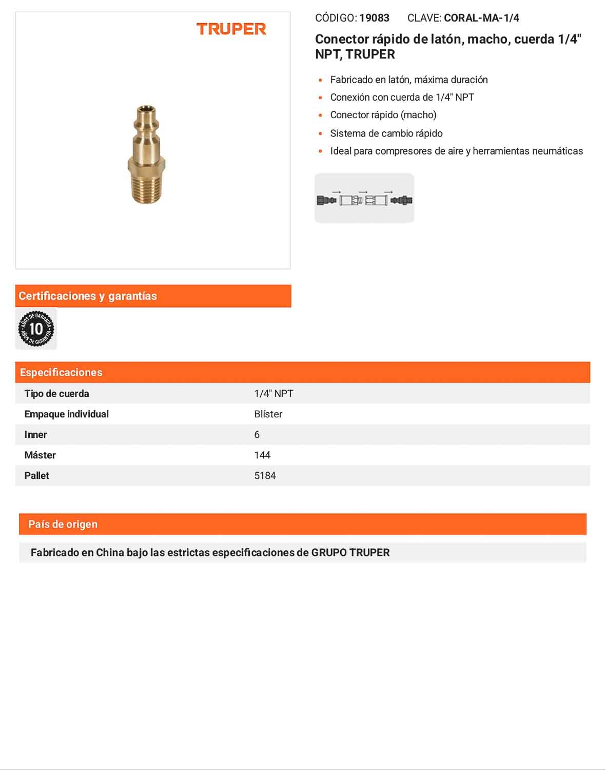 Conector rápido de latón macho 1/4 pulg
