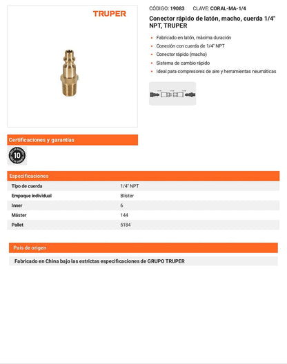 Conector rápido de latón macho 1/4 pulg