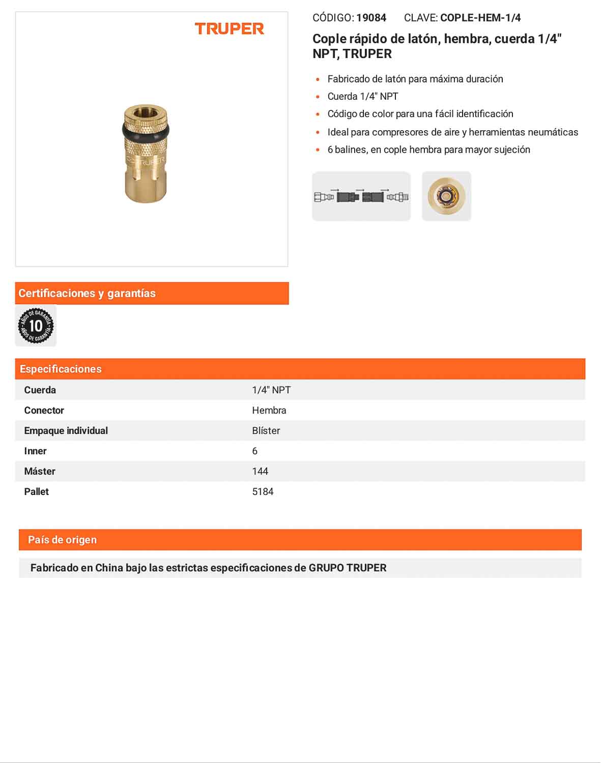 Cople rápido de latón hembra 1/4 pulg