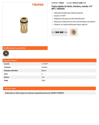 Cople rápido de latón hembra 1/4 pulg