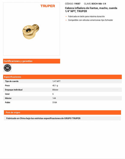 Cabeza infladora de llantas macho 1/4 pulg