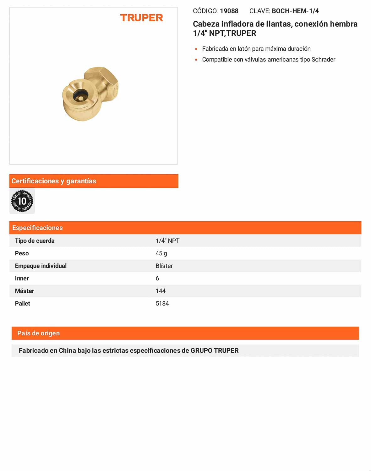 Cabeza infladora de llantas hembra 1/4 pulg