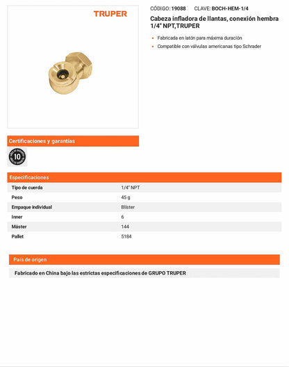 Cabeza infladora de llantas hembra 1/4 pulg
