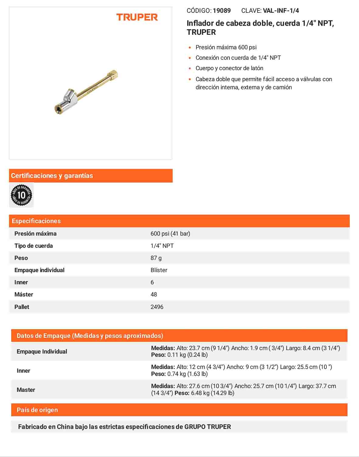 Inflador de cabeza doble 1/4 pulg