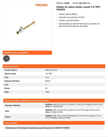 Inflador de cabeza doble 1/4 pulg