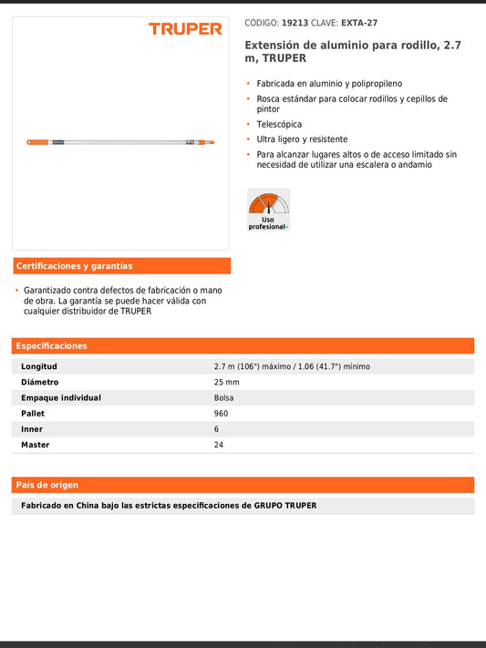 Extensión de aluminio para rodillo de 2.7 metros