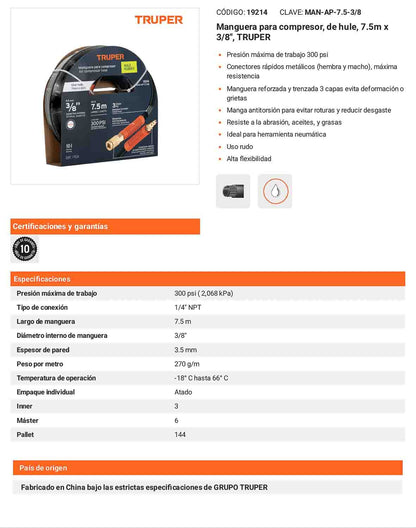 Manguera hule compresor 7.5 m 3/8 pulg