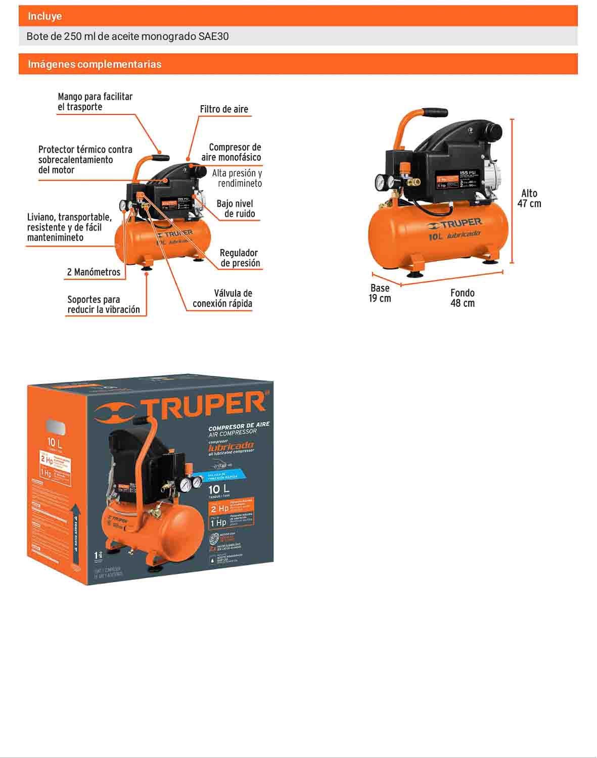 Compresor lubricado 10 L horizontal 2 HP
