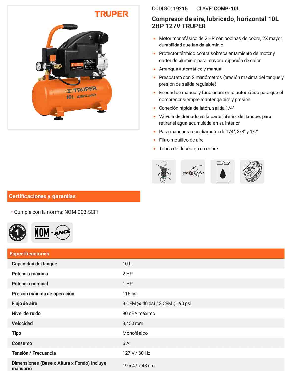 Compresor lubricado 10 L horizontal 2 HP