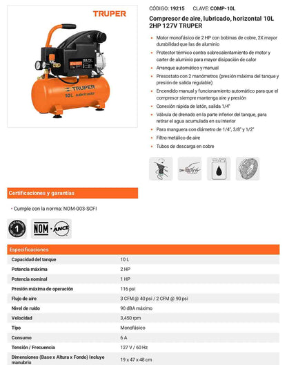 Compresor lubricado 10 L horizontal 2 HP