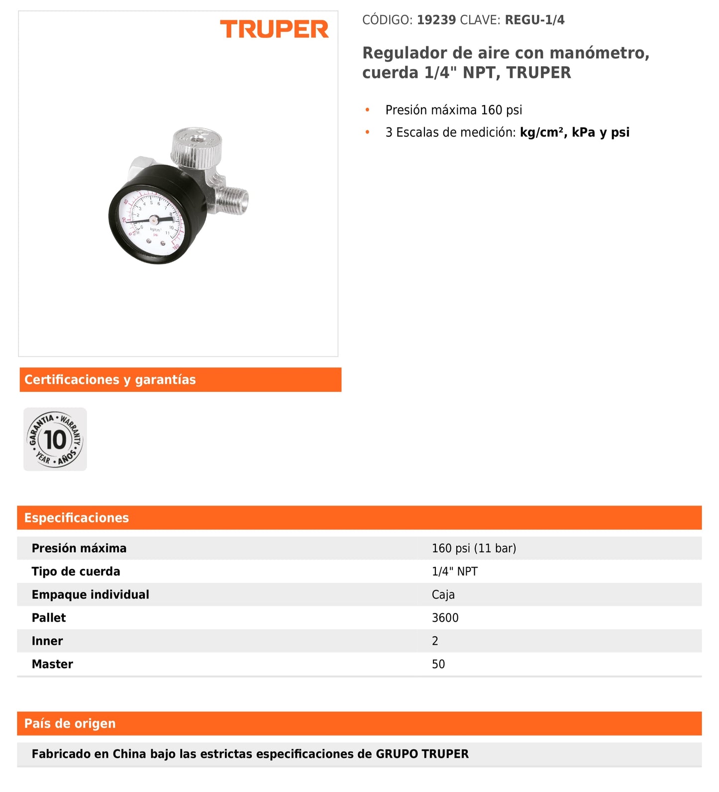 Regulador de Aire con Manómetro Cuerda 1/4 NPT