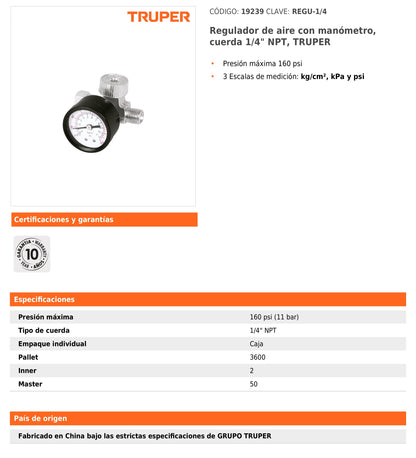 Regulador de Aire con Manómetro Cuerda 1/4 NPT
