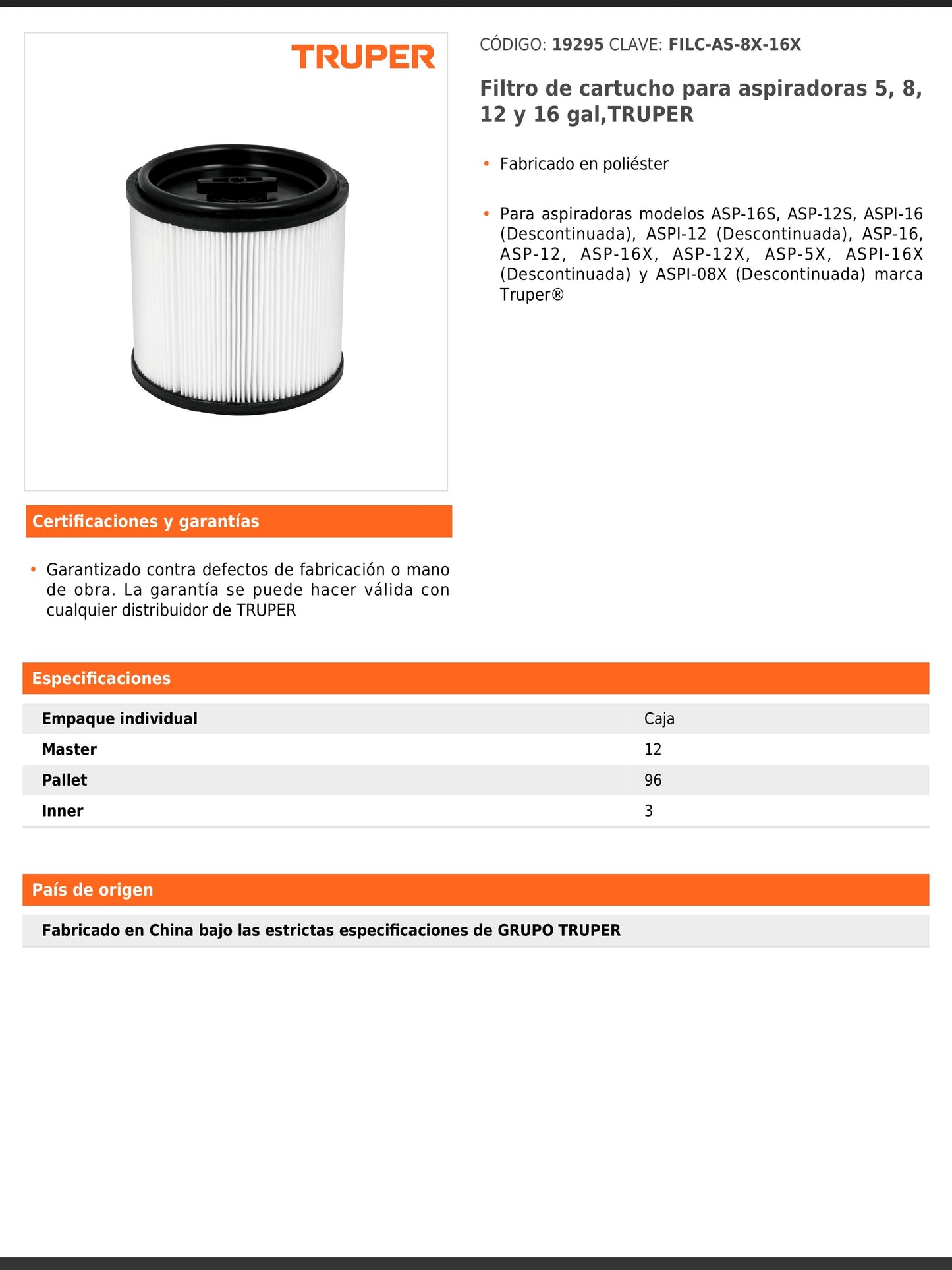 Filtro de cartucho para aspiradoras de 5, 8, 12 y 16 gal