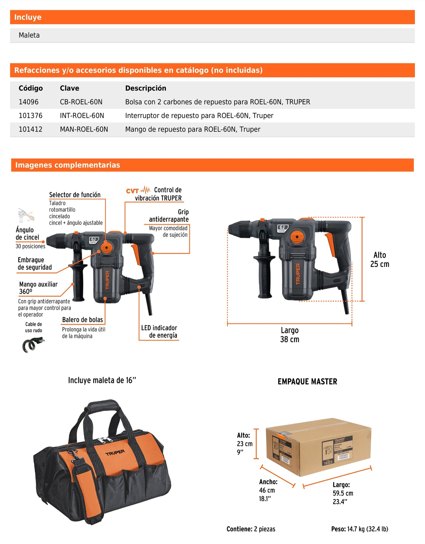 Rotomartillo SDS Plus 6 Joules 1600 W, industrial