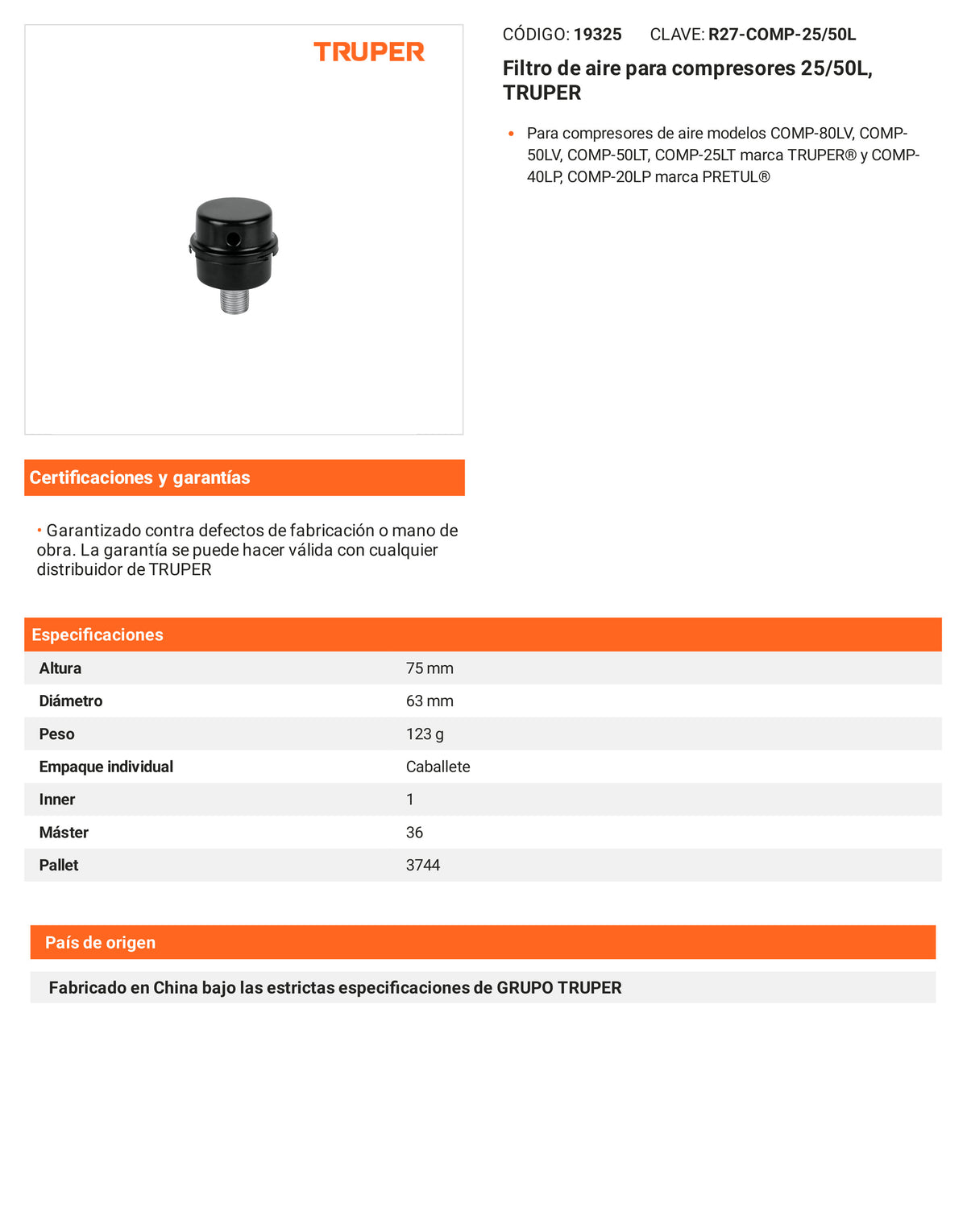 Ficha tecnica - Filtro de aire para compresores 25/50L - SKU 19325