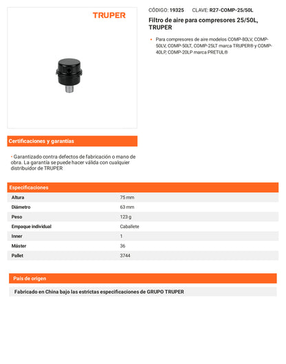 Ficha tecnica - Filtro de aire para compresores 25/50L - SKU 19325